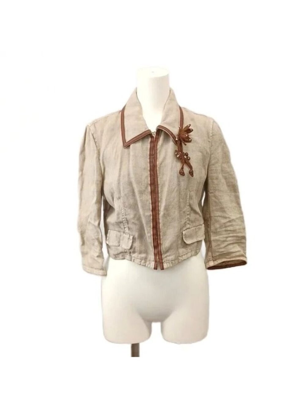 Miu Miu Linen Jacket Zip Up Three Quarter Sleeve Beige Brown Leather Brooch 38